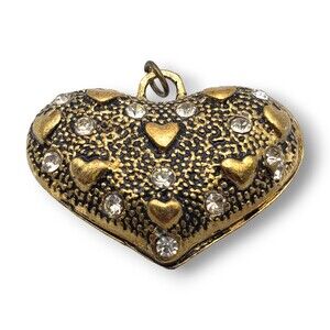 Antiqued Brass Gold Puffy Heart Pendant Rhinestone Accents Cut Out Double Sided